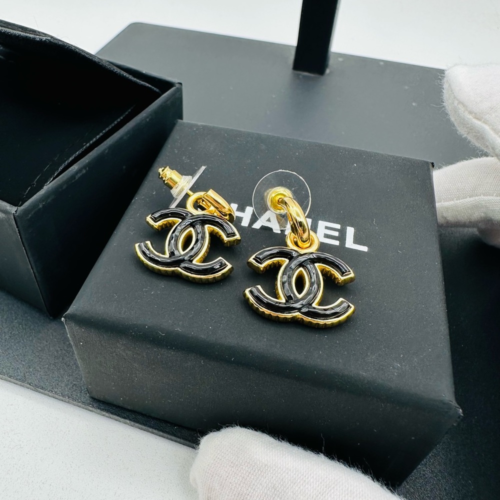 CHANEL Gold and Black CC Logo Drop Earrings
